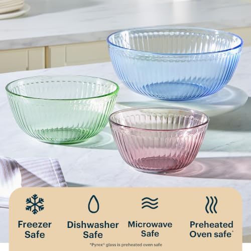Pyrex Colors Tinted (3-Pack) Sculpted Tinted Unlidded Small/Medium/Large Glass Mixing Bowls, Nesting Space Saving Set of Bowls For Prepping and Baking, 1.3QT, 2.3QT & 4.5QT - Image 3