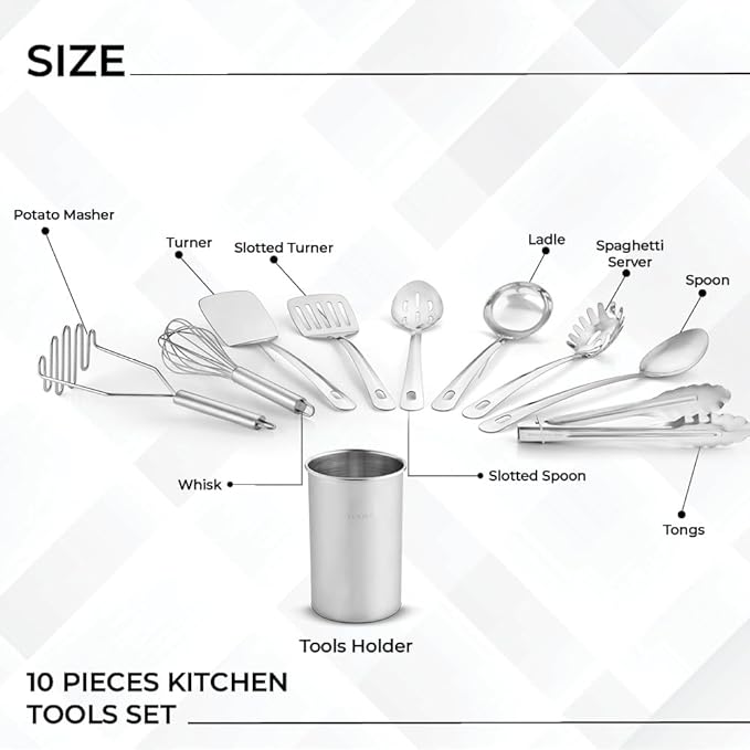 Avador® Premium Set of 10 Stainless Steel Kitchen Tool Set with Holder Easy To Clean, Space Saving, Great for Cooking, Baking, Prepping - Image 2