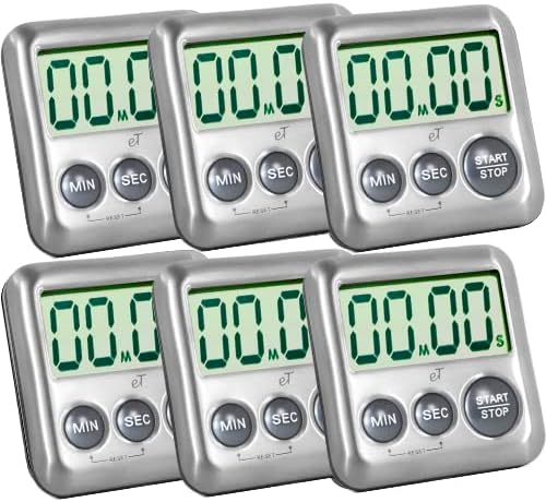 Elegant Digital Kitchen Timer Stainless Steel - Strong Magnetic Back - Kickstand - Loud Alarm - Large Display - Auto Memory - Auto Shut-Off (Charcoal 6-Pack) by eTradewinds