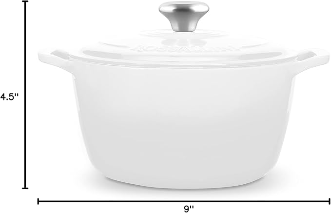 ROSSALLINI Signature Enameled Cast Iron Dutch Oven, Non-Stick Serving Pot with Tight Fitting Lid for Perfect Roasting, Baking, Sauteing, and Bread Making | 4.5Q (4.2L) - White