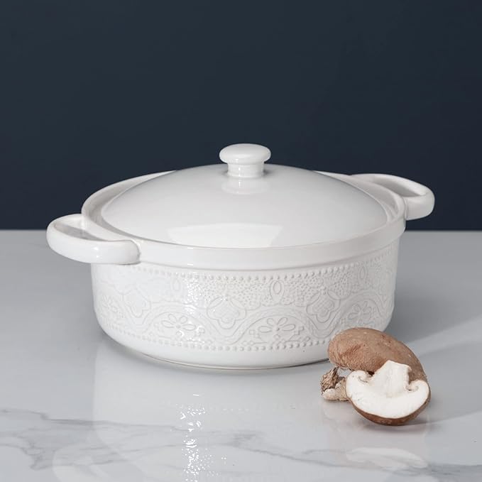 FUN ELEMENTS Casserole Dish, 2 Quart Lace Emboss Dish with Lid, Oven to Table Ceramic Round Serving Handles for Dinner and Party, Thanksgiving Christmas Gifts(Bright White) - Image 2