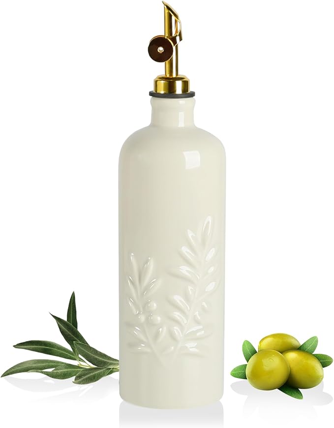 Sweejar 18 Oz Oil Dispenser for Kitchen with Gravity Spout, Ceramic Olive Oil Dispenser Bottle, Relief Opaque Vinegar Container for Evoo, Vinegar, Soy Sauce, Pack of 1(Beige, Gold Spout) by Sweejarco1949