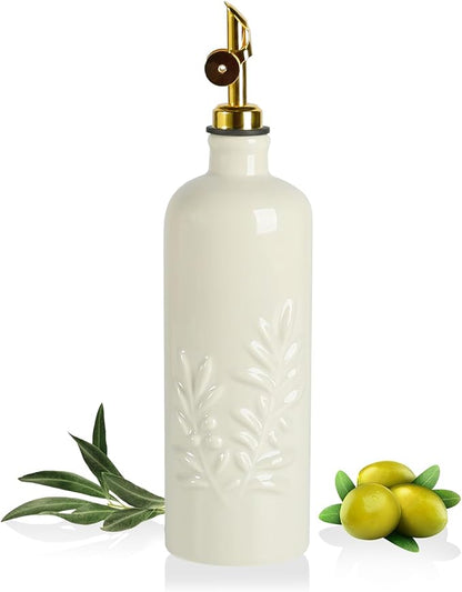 Sweejar 18 Oz Oil Dispenser for Kitchen with Gravity Spout, Ceramic Olive Oil Dispenser Bottle, Relief Opaque Vinegar Container for Evoo, Vinegar, Soy Sauce, Pack of 1(Beige, Gold Spout) by Sweejarco1949