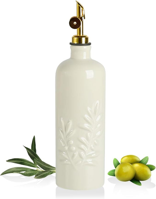 Sweejar 18 Oz Oil Dispenser for Kitchen with Gravity Spout, Ceramic Olive Oil Dispenser Bottle, Relief Opaque Vinegar Container for Evoo, Vinegar, Soy Sauce, Pack of 1(Beige, Gold Spout) by Sweejarco1949