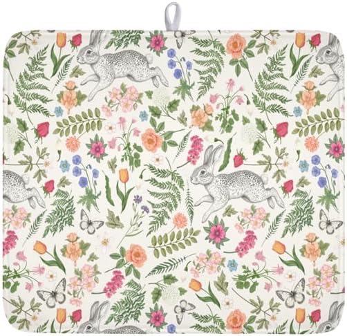 Easter Bunny Dish Drying Mat for Kitchen Counter,Colorful Flowers Sage Green Leaves Vintage Botanical Plants Drying Mat 16 x 18 Inch with Absorbent Reversible Microfiber Drying Pad for Coffee Bar by Anyako
