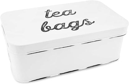 AuldHome Design Farmhouse Tea Bag Box (White), Vintage Retro Style Enamelware Tea Storage Tin
