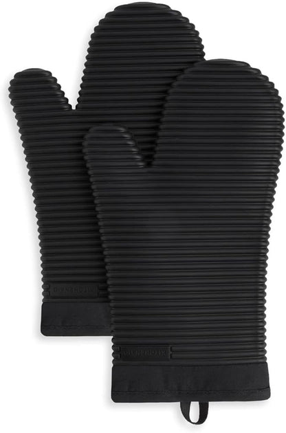 KITCHENAID Ribbed Soft Silicone Oven Mitt 2-Pack Set, Matte Black, 7.5"x13" by KitchenAid