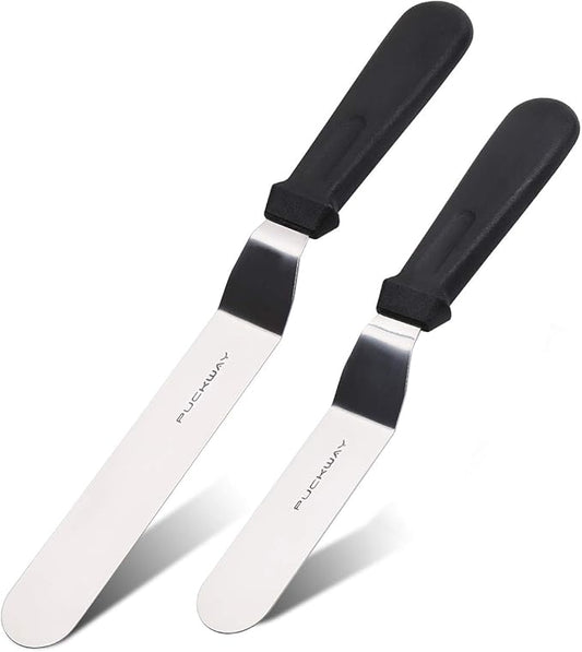 Angled Icing Spatula, Stainless Steel Offset Spatula, Cake Spatula Set of 2 Black 6, 8 inch Blade by PUCKWAY