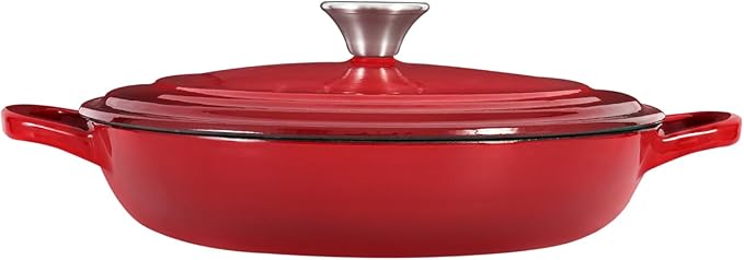 Flavehc Braiser Enameled Cast Iron Braiser 2.25 qt Braiser Pan with Lid Red Shallow Cast Iron Casserole Braiser Pan with Handels
