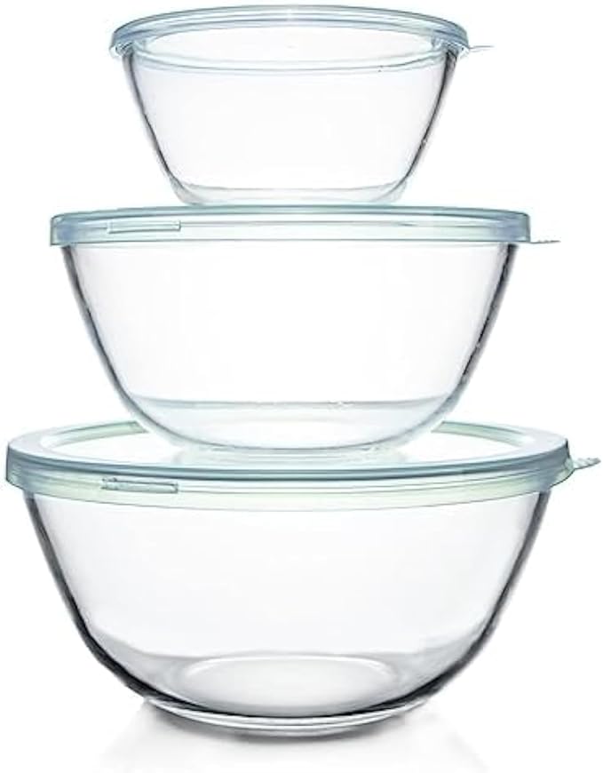 Luvan Glass Mixing Bowls with Lids Set(4.5QT, 2.7QT, 1.1QT)-Large Glass Mixing Bowls, Clear Salad Bowl for Baking, Cooking, Serving, Food Prep, 3PC Nesting Bowls for Kitchen Storage & Dishwasher Safe by Luvan