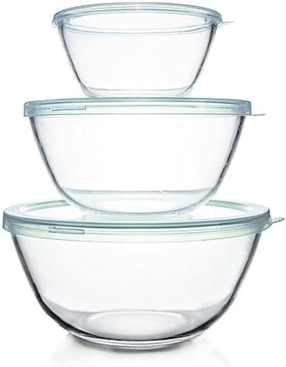 Luvan Glass Mixing Bowls with Lids Set(4.5QT, 2.7QT, 1.1QT)-Large Glass Mixing Bowls, Clear Salad Bowl for Baking, Cooking, Serving, Food Prep, 3PC Nesting Bowls for Kitchen Storage & Dishwasher Safe by Luvan