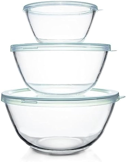 Luvan Glass Mixing Bowls with Lids Set(4.5QT, 2.7QT, 1.1QT)-Large Glass Mixing Bowls, Clear Salad Bowl for Baking, Cooking, Serving, Food Prep, 3PC Nesting Bowls for Kitchen Storage & Dishwasher Safe by Luvan