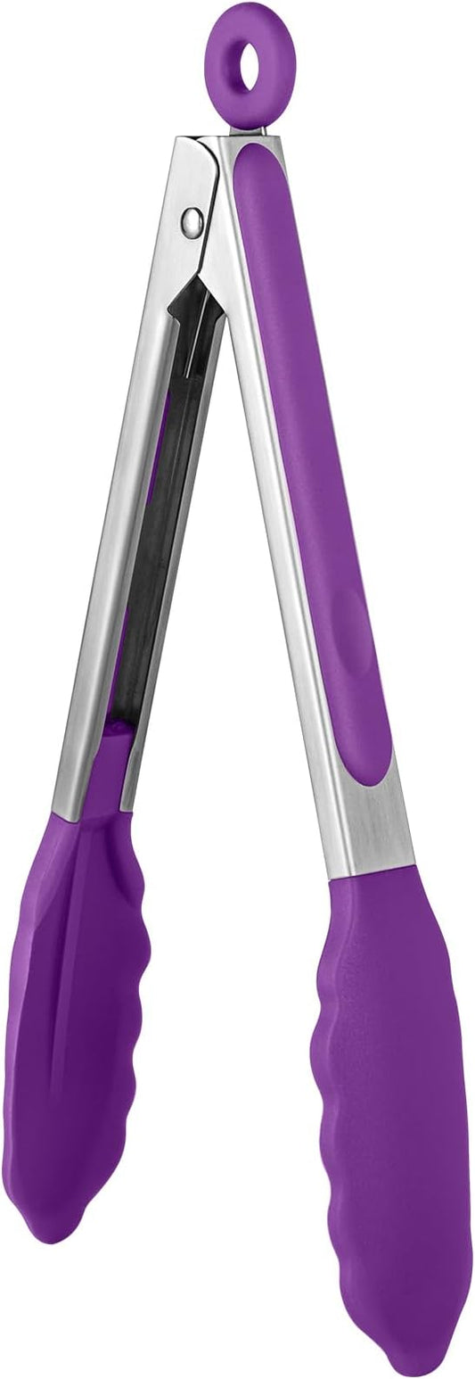 600ºF Heat Resistant Kitchen Tongs: U-Taste 9 inch Silicone Cooking Tong with Firm Sealed Non Stick Rubber Tips & Silicon Coated 18/8 Stainless Steel Handle & Smooth Locking for Serving Grill (Purple) by U-Taste