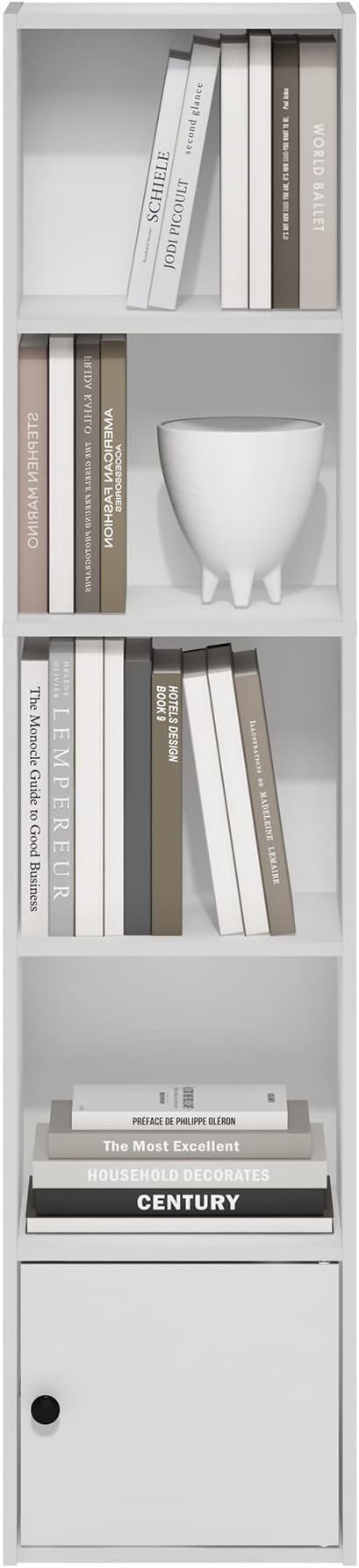 Furinno LUDER Book Shelf, 5-Tier Modern Bookshelf, Bookcase with 1 Door Storage Cabinet, 9.3 x 12 x 52, for Organization and Storage, for Living Room, Bedroom, Home Office, White - Image 5