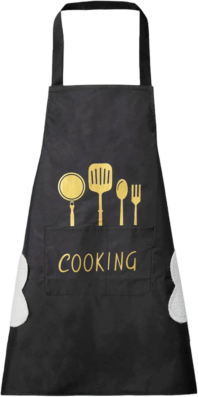 DILLMAN Women Kitchen Apron with Hand Wipe Pockets，Big Pocket,Hand-wiping, Waterproof for Cooking Baking