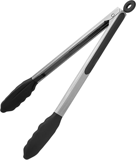 600ºF Heat Resistant Kitchen Tongs: U-Taste 12 inch Large Silicone Cooking Tong with Sturdy Non Stick Rubber Tips & Silicon Coated 18/8 Stainless Steel Handle & Smooth Locking for Serving Grill(Black) by U-Taste