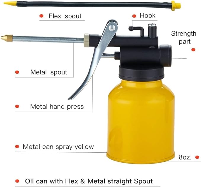 Hand Pump Oiler Can Professional Level 8 oz. Capacity Pump Oiler with Metal & Long Flex Spout - Image 5