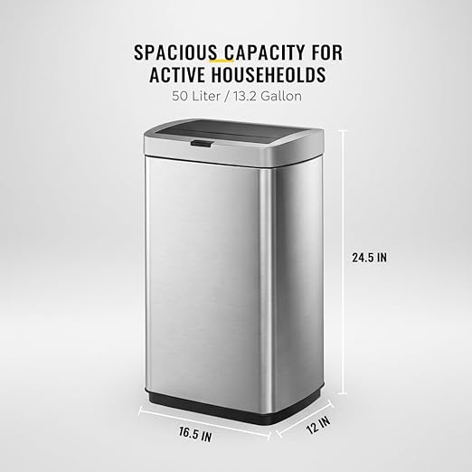 ELPHECO 13.2 Gallon Trash Can with Lid Motion Sensor, 50 Litre Brushed Stainless Steel Kitchen Trash Can Automatic with 10 Bags, Upgraded Silent-Closing, Fingerprint-Resistant, Kitchen, Office, Silver - Image 3