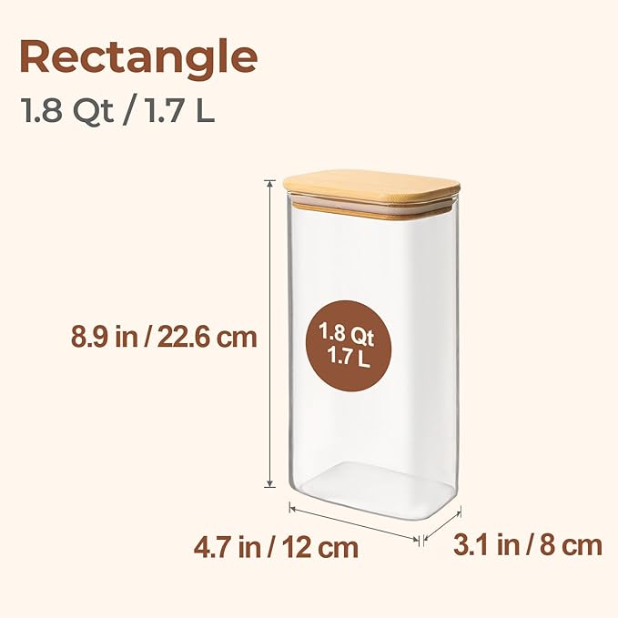 ComSaf 1.8 Qt Rectangle Glass Storage Containers with Lids, Glass Jars with Bamboo Lids, Clear Food Storage Jar, Sugar Coffee Containers, Pantry Storage Container for Pasta Rice Flour Oats Nuts Tea - Image 2