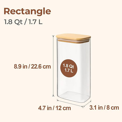 ComSaf 1.8 Qt Rectangle Glass Storage Containers with Lids, Glass Jars with Bamboo Lids, Clear Food Storage Jar, Sugar Coffee Containers, Pantry Storage Container for Pasta Rice Flour Oats Nuts Tea - Image 2