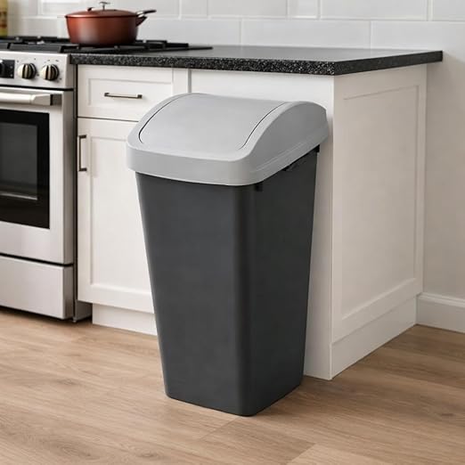 SKYREN 13 Gallon Kitchen Trash Can with Swing Top Lid, Plastic Garbage Bin for Home, Office, and Kitchen Waste, Large Capacity Wastebasket, Light Gray (12 Gallon) - Image 2
