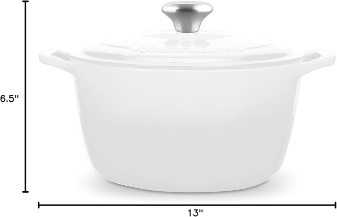 ROSSALLINI Signature Enameled Cast Iron Dutch Oven, Non-Stick Serving Pot with Tight Fitting Lid for Perfect Roasting, Baking, Sauteing, and Bread Making | 13.5Q (12.7L) - White