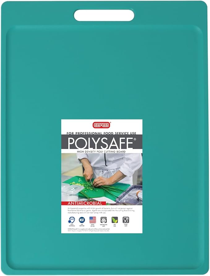 Dexas NSF Certified Polysafe Cutting Board with Handle, 11 x 14.5 Inches, Reversible Kitchen Cutting Board, Teal Green