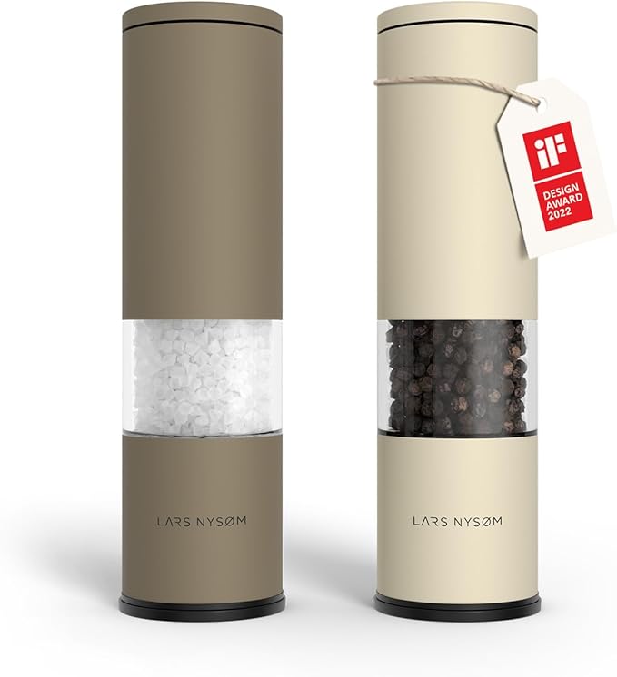 LARS NYSØM Salt and Pepper Grinder Set Manual, Stainless Steel Salt and Pepper Mills with Adjustable Ceramic Grinder I Design Spice Shakers (Brown/Beige) by LN