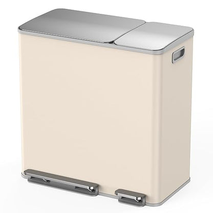 Lovewind Double Trash Can Kitchen, 13+5.5 Gallon Stainless Steel Dual Trash and Recycle Bin Combo with Silent Close Lid, Heavy-Duty Foot Pedal, Easy to Clean Garbage Can for Large Families, Apricot