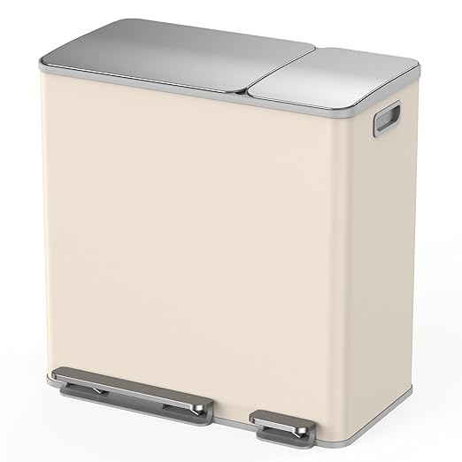 Lovewind Double Trash Can Kitchen, 13+5.5 Gallon Stainless Steel Dual Trash and Recycle Bin Combo with Silent Close Lid, Heavy-Duty Foot Pedal, Easy to Clean Garbage Can for Large Families, Apricot