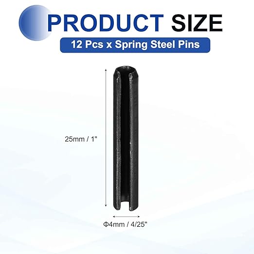 MECCANIXITY 120Pcs Slotted Split Roll Pins 4/25 Inch(4mm) Dia. 1 Inch(25mm) Length 65Mn Steel Spring Tension Expansion Dowels for Secure Fastening, Black