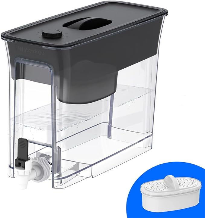 Waterdrop 35-Cup Slim Water Filter Dispenser, Large Capacity, 200-Gallon Long-Life, Faster Filtration, Reduces Chlorine, PFOA/PFOS and More, BPA Free, Black (with 1 Filter) by Waterdrop