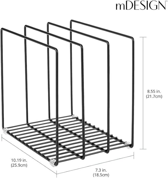 mDesign Steel Storage Tray Organizer Rack for Kitchen Cabinet - Divided Holder with 3 Slots for Skillets, Frying Pan, Pot Lids, Cutting Board, Baking Sheets - Concerto Collection - Black - Image 3