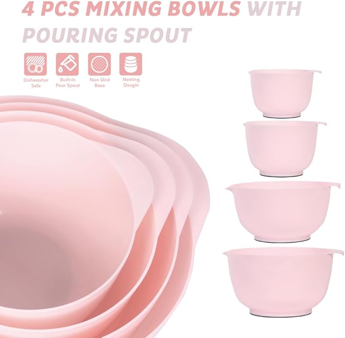 BoxedHome Nesting Plastic Mixing Bowl Set, 4 Piece Mixing Bowl Set with Pour Spouts, Size 1.7, 2.5, 3.5 and 4.5qt, for Prepping, Mixing, Baking, Cooking(2023 New Version, Pink) - Image 2