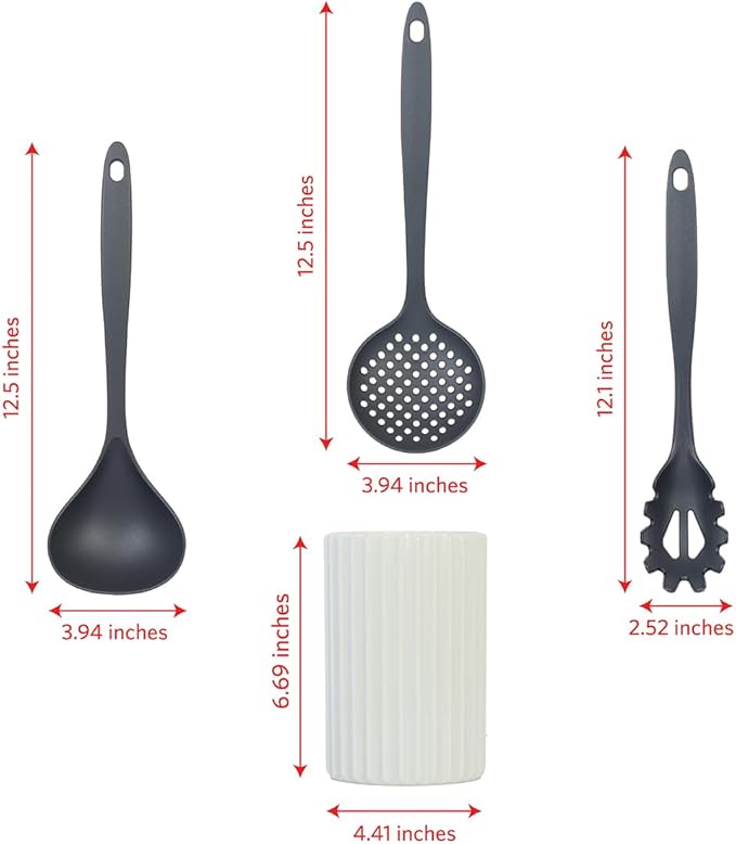 Glad Kitchen Utensils Set, 8pcs - Nonstick Cooking Tools with Utensil Holder - Nylon Spoon, Ladle, Skimmer, Spaghetti Server, and Turner Spatula Set - Dishwasher Safe, Grey - Image 4