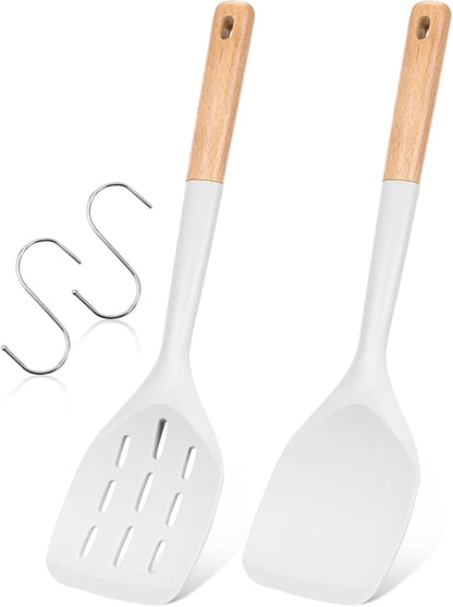 Pack of 2 Silicone Spatula, Non Stick Cooking Utensil Set Wooden Handle Kitchen Turner for Baking Mixing Grilling Serving Food Heat Resistant Non Scratch Hooks Included (White) by BADIANO