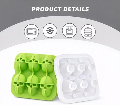 Skull Ice Cube Mold, 6-Cavity Silicone Ice Tray for Whiskey, Cocktails, and Beverages, Food-Grade Flexible Ice Maker for Halloween & Party Drinks, Easy Release & Dishwasher Safe (Green)