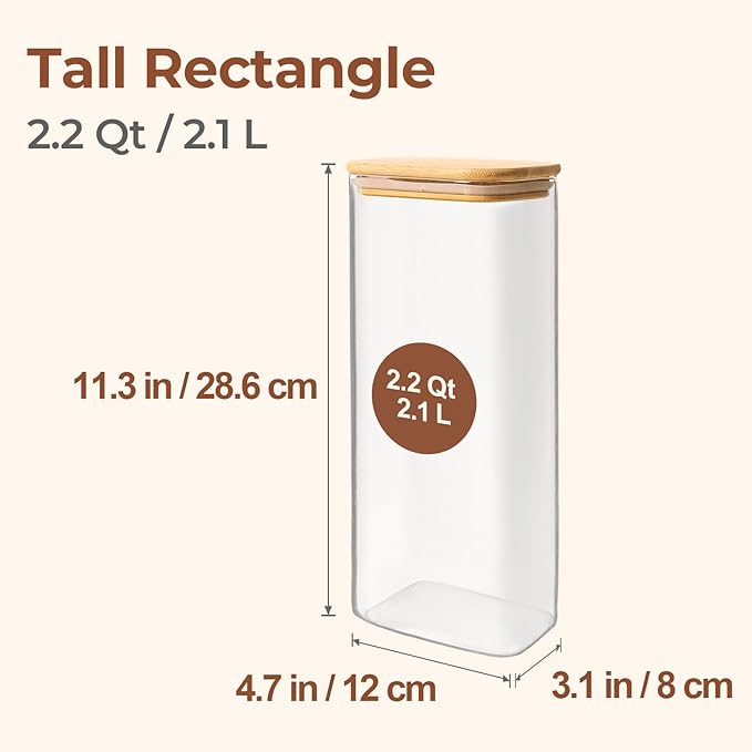 ComSaf 2.2 Qt Rectangle Glass Storage Containers with Lids, Glass Jars with Bamboo Lids, Clear Food Storage Jar, Tall Spaghetti Container, Pantry Storage Container for Pasta Flour Oats Nuts Rice - Image 2
