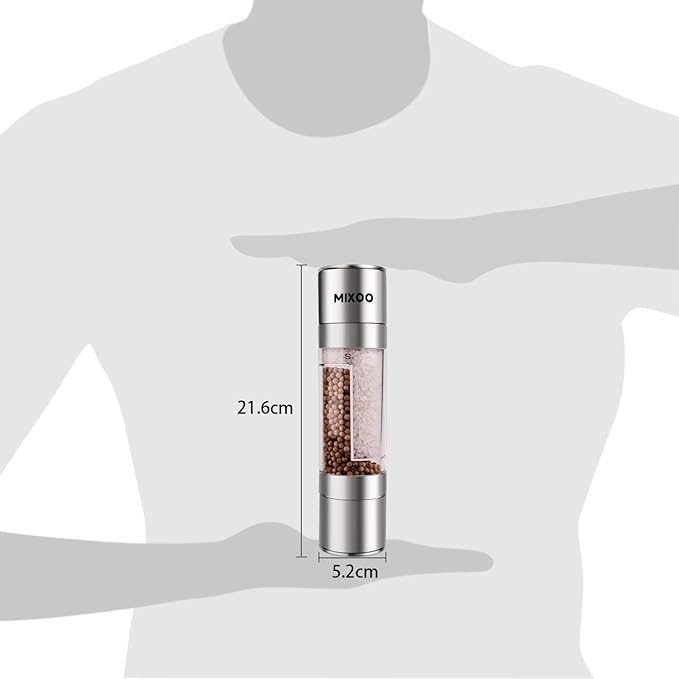 Mixoo Salt and Pepper Grinder - 2 in 1 Manual Stainless Steel Salt Pepper Mill Herb Spice Grinder Shakers Refillable with Adjustable Coarseness Ceramic Rotor and Dual Clear Acrylic Chamber - Image 5