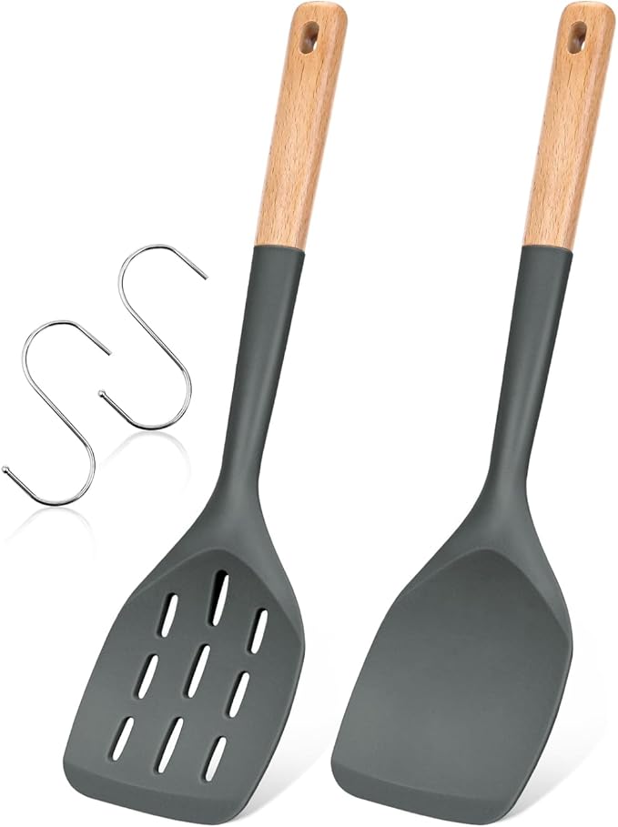 Pack of 2 Silicone Spatula, Non Stick Cooking Utensil Set Wooden Handle Kitchen Turner for Baking Mixing Grilling Serving Food Heat Resistant Non Scratch Hooks Included (Grey) by BADIANO
