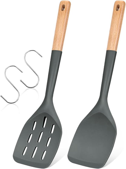 Pack of 2 Silicone Spatula, Non Stick Cooking Utensil Set Wooden Handle Kitchen Turner for Baking Mixing Grilling Serving Food Heat Resistant Non Scratch Hooks Included (Grey) by BADIANO
