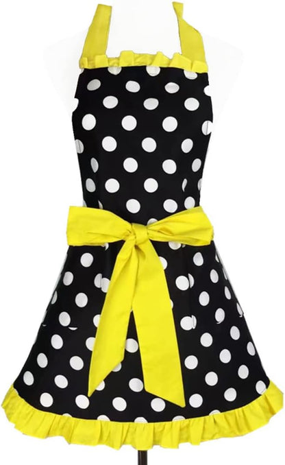 Hyzrz Cute Apron Retro Black Polka Dot Retro Ruffle Side Vintage Cooking Aprons with Pockets for Women Girls (Side Yellow)
