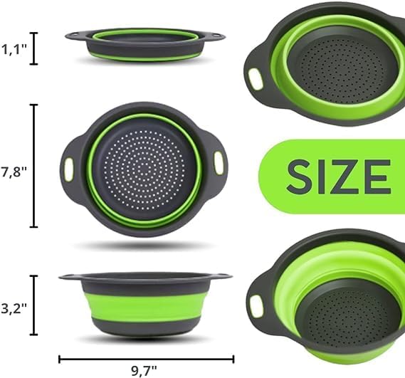 Green Round Silicone Collapsible Colander – Silicone Round Small Kitchen Strainers with Plastic Handles Foldable Kitchen Strainer Perfect for Draining Pasta Vegetable and Fruit - Image 2