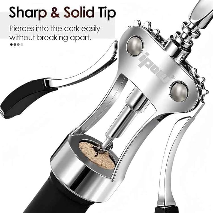 IPOW Wine Opener, Zinc Alloy Wine Bottle Opener, Wing Corkscrew Heavy Duty, Manual Multifunctional Cork Screw for Waiter, Silver - Image 3