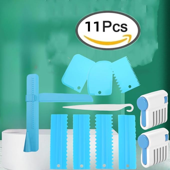 11 Pcs Cake Scraper Set Cake Edge Scraper Cutters with Adjustable Butter Smoothing Cream Scraper Tool Cake Decorating Comb Icing Smoother for Cake Cream Baking Decorating- (Blue)