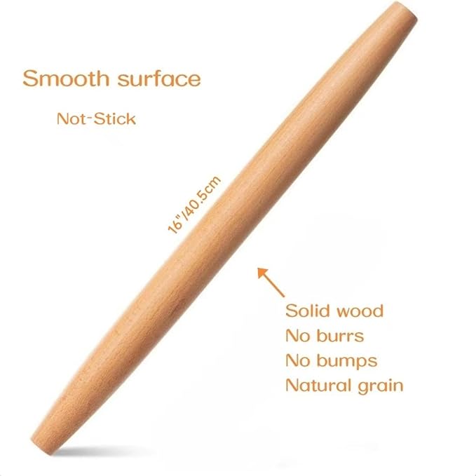 French Rolling Pin,16 Inches Wooden Rolling Pin for Baking,Fondant,Dough Roller for Cookie,Pizza Pie Crust, Pastry, Dough, Essential Kitchen Utensil - Image 2