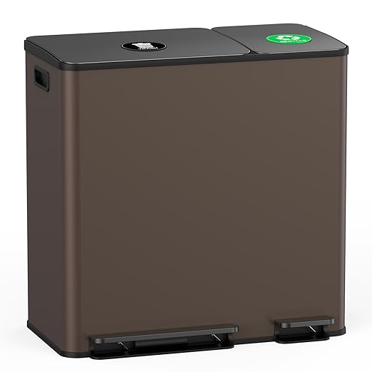 Lovewind Dual Trash and Recycling Bins for Kitchen, 13+6 Gallon Stainless Steel Garbage and Recycle Bin Combo for Large Families, Dual Trash Can with Soft Close Lid & Magnetic Stickers, Brown by LOVEWIND