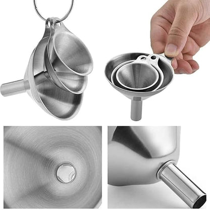 3-Piece Stainless Steel Kitchen Funnel Set for Filling Bottles, Food Grade, Versatile Sizes (Large, Medium, Small), Includes 2 Cleaning Brushes