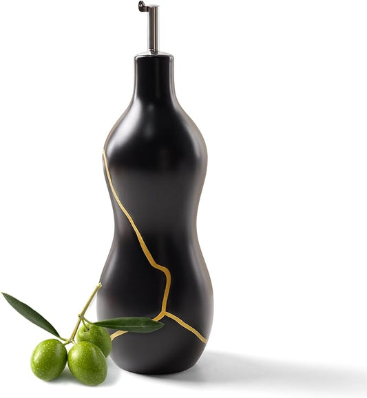 BosilunLife Ceramic Olive Oil Dispenser Bottle, 14 Oz Oil Cruet with Elegant Gold Accent & Curved Ergonomic Design, Non‑Drip Vinegar Bottle for Kitchen & Dining, Black