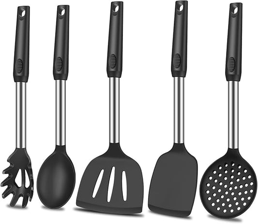 KLAQQED 5Pcs Silicone Spatula Heat Resistant Long Large Spatulas Set for Nonstick Cookware, Rubber Pancake Fish Turner Spatula for Kitchen Use Silicone Cooking Kitchen Utensils Set Black